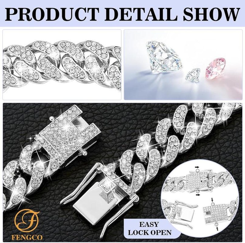 Silver Dog Chain Collar Diamond Cuban Link Dog Collar 13Mm Wide Dog Necklace Metal Cat Chain Pet Crystal Collar Jewelry Accessories for Small Medium Large Dogs Cats(16Inch)