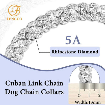 Silver Dog Chain Collar Diamond Cuban Link Dog Collar 13Mm Wide Dog Necklace Metal Cat Chain Pet Crystal Collar Jewelry Accessories for Small Medium Large Dogs Cats(16Inch)
